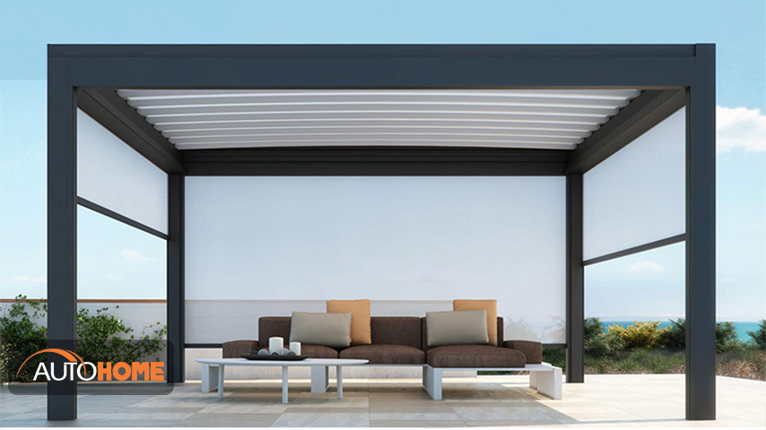 Rèm tự động hệ Pergola sân vườn ngoài trời, mái che điện tự động Auto-Home